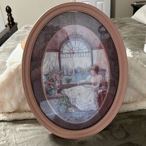 Barbara Mock Pink Oval Oil Painting Print Lady Reading By the Lake View Window